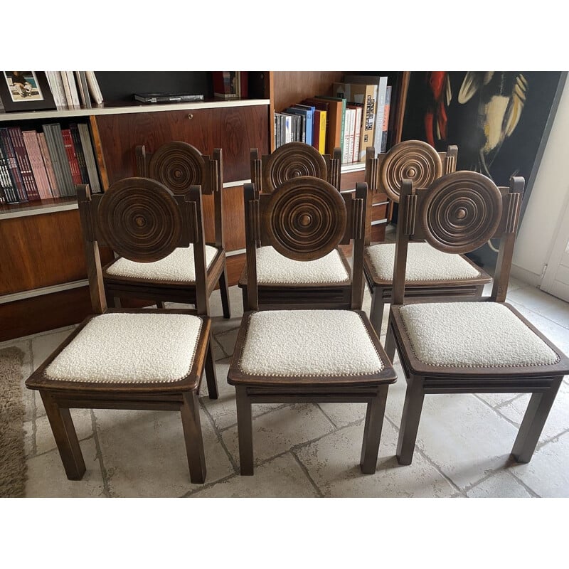 Set of 6 vintage Art Deco chairs in oak and bouclette fabric, 1930 