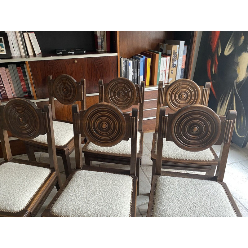 Ensemble de 6 chaises Art Déco vintage en chêne et tissu bouclette, 1930 