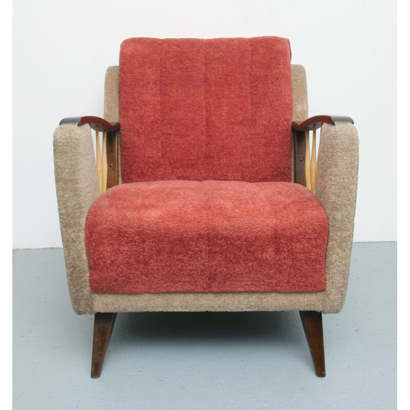 Vintage fauteuil in beige en rood, 1950