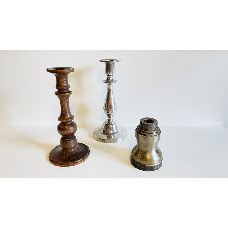Set of 3 vintage candlesticks in turned wood and steel