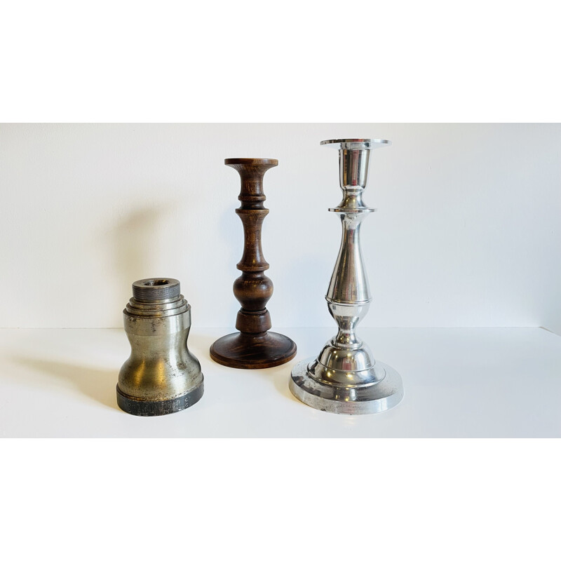 Set of 3 vintage candlesticks in turned wood and steel