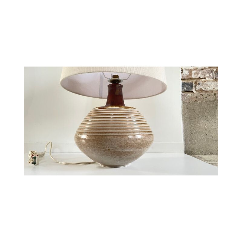 Grande lampe vintage en céramique italienne et abat-jour en tissu
