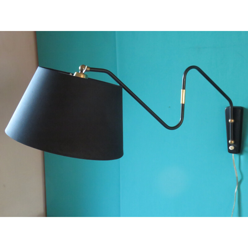 Vintage folding arm wall lamp with black shade, Denmark 1950