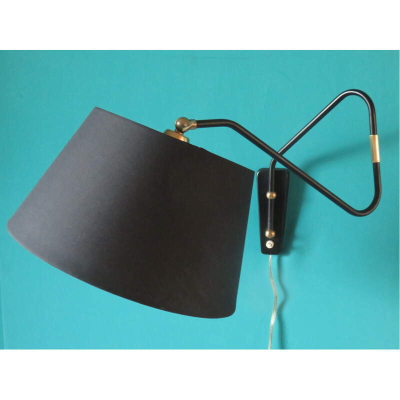 Vintage folding arm wall lamp with black shade, Denmark 1950