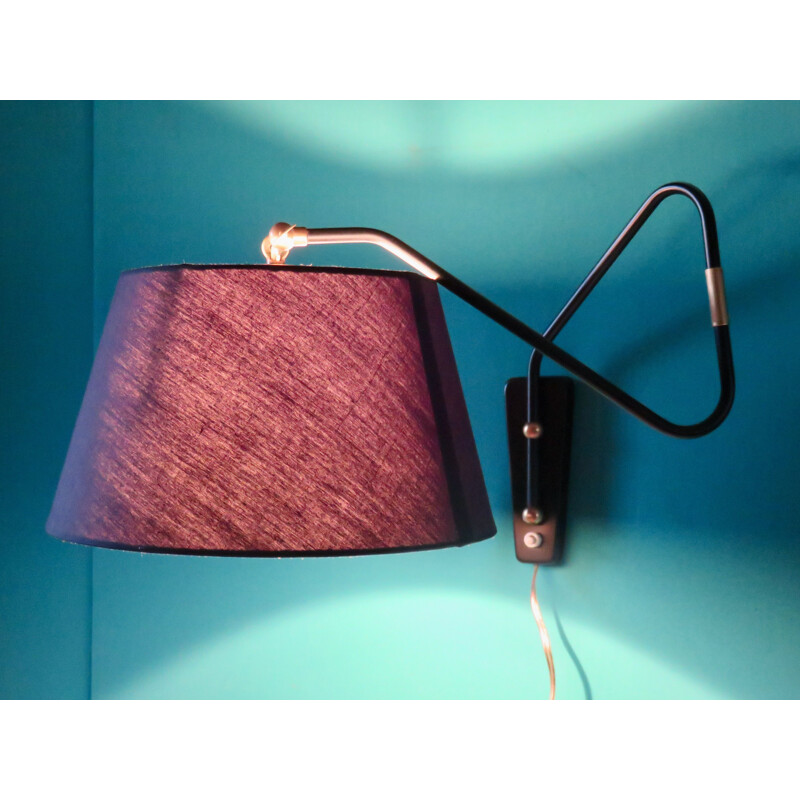 Vintage folding arm wall lamp with black shade, Denmark 1950