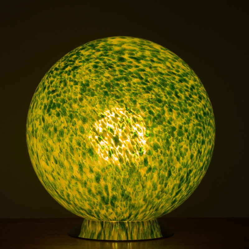 Vintage italian Murano glass big spherical green glitter table lamp by Vistosi, 1970s