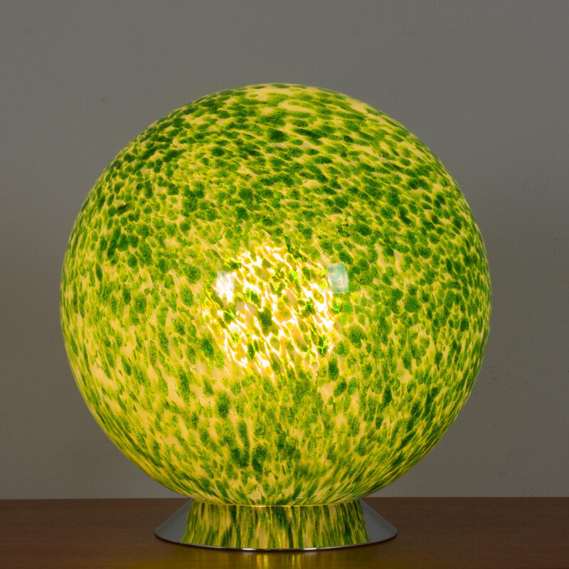 Vintage italian Murano glass big spherical green glitter table lamp by Vistosi, 1970s