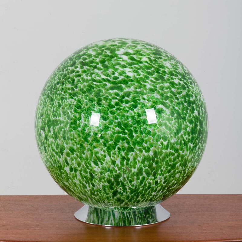 Vintage italian Murano glass big spherical green glitter table lamp by Vistosi, 1970s