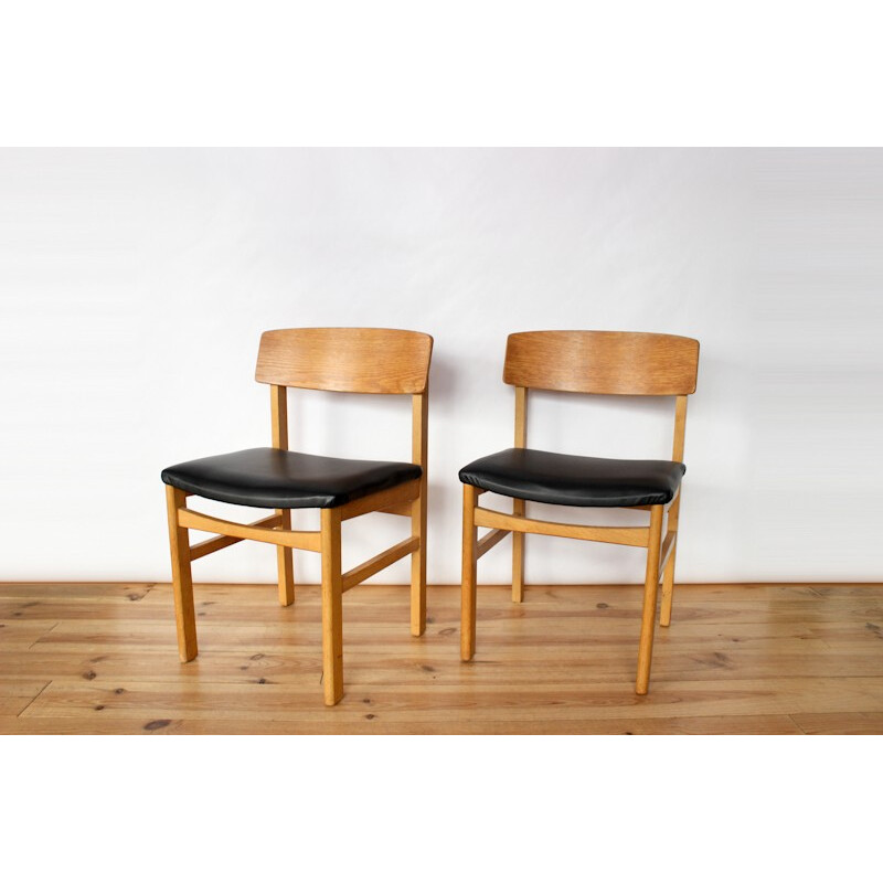 Set of 4 dining chairs in oak and black leatherette - 1960s