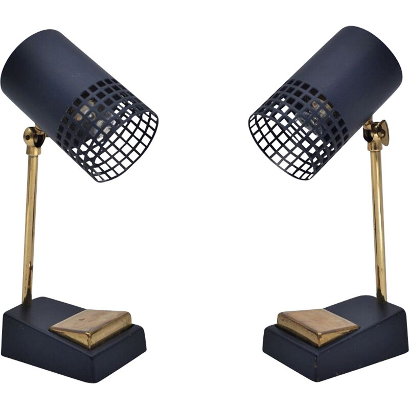 Pair of vintage Italian table lamps in brass & black metal, 1950s