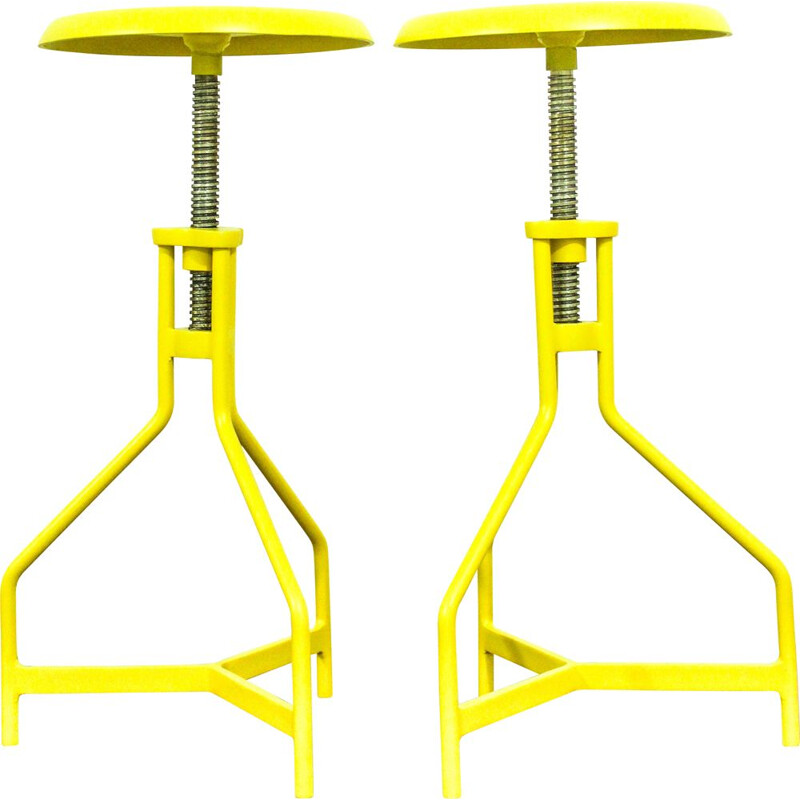 Pair of vintage stools in yellow lacquered metal, Italy 1970