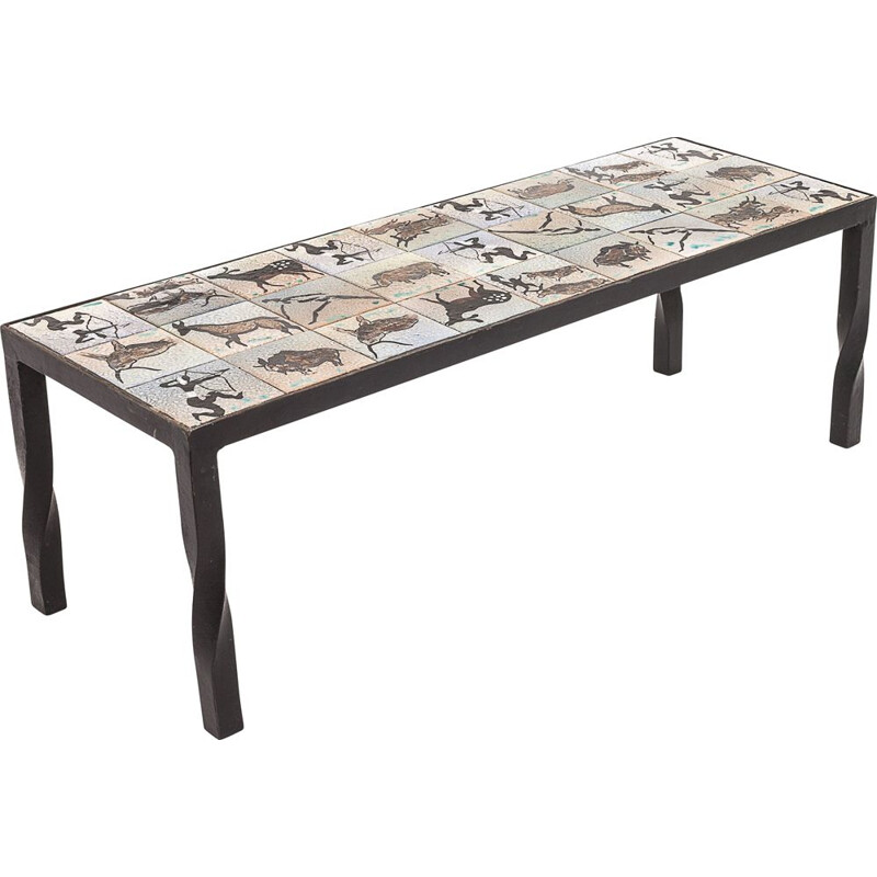 Vintage brutalist cement tile table with wrought iron base by Sensée