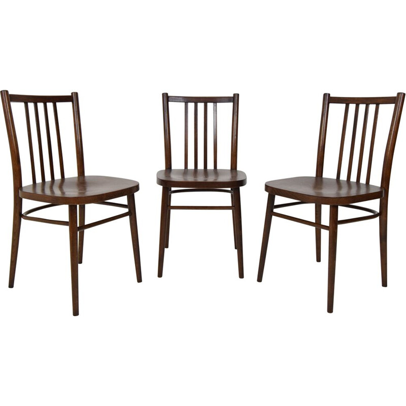 Set van 3 vintage houten stoelen van Ton, Tsjecho-Slowakije 1960