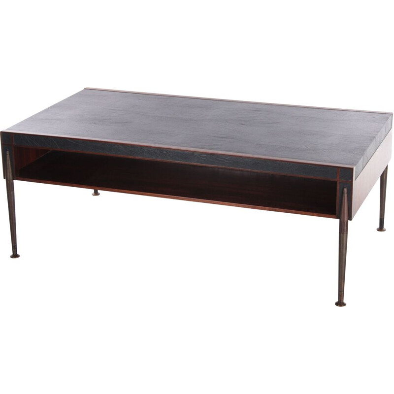 Mid-century coffee table upholstered in leather and bronze legs, 1960