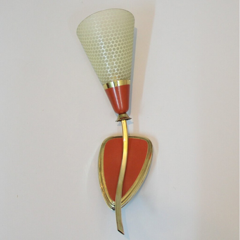 Applique vintage française en laiton émaillé et verre - 1950