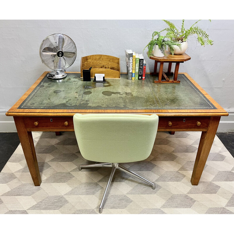 Vintage large oak desk with leather top and drawers, 1933