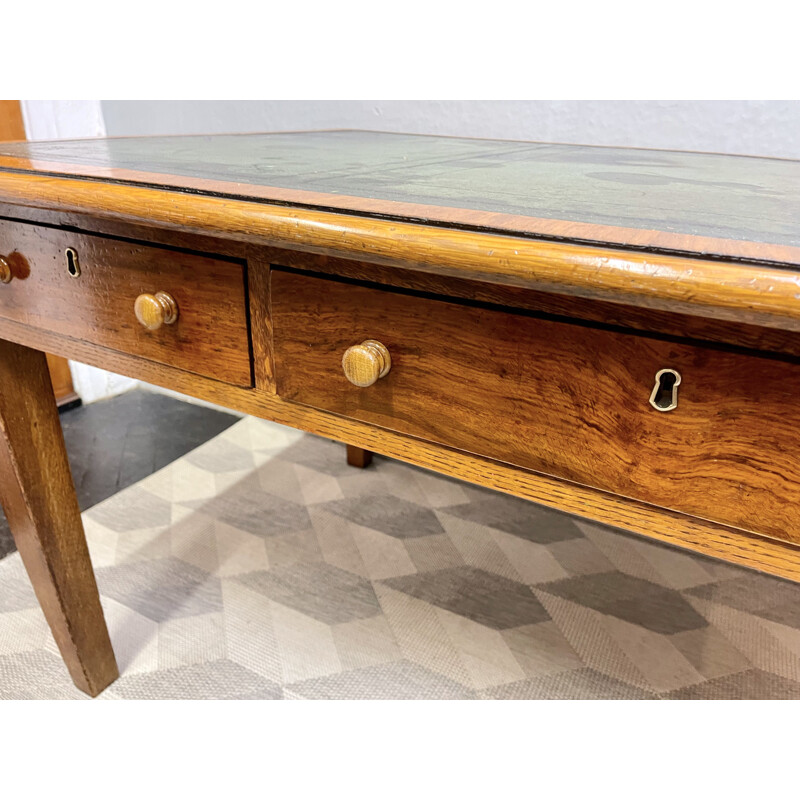 Vintage large oak desk with leather top and drawers, 1933