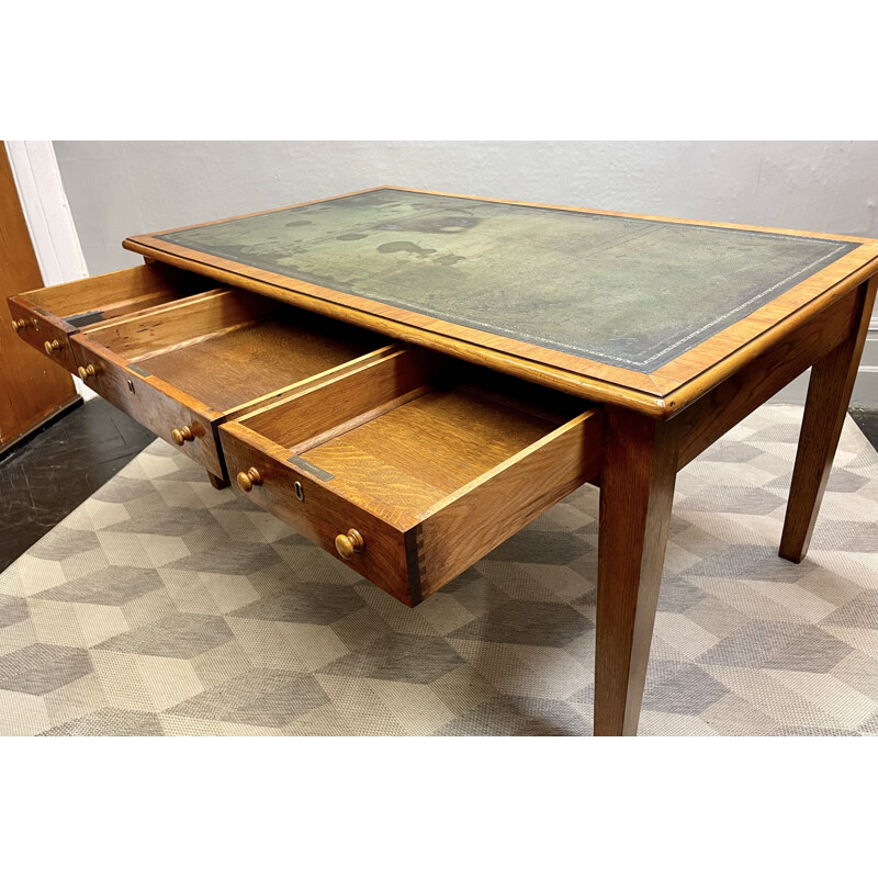 Vintage large oak desk with leather top and drawers, 1933