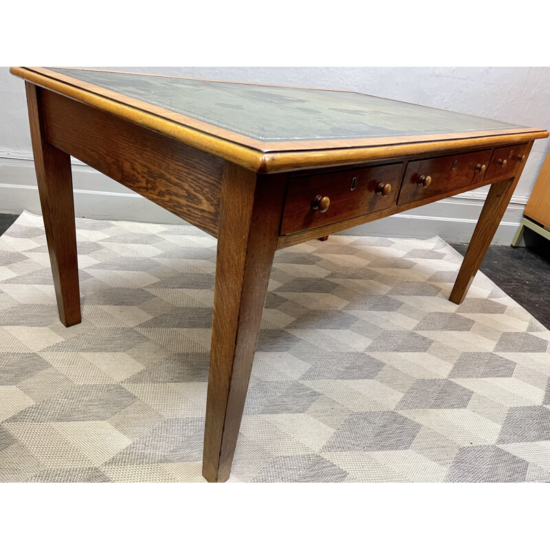 Vintage large oak desk with leather top and drawers, 1933