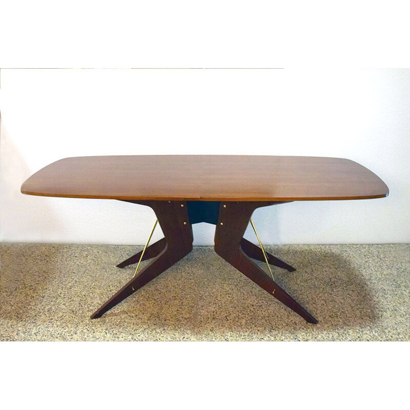 Vintage dining room table in veneered rosewood with tie rods and brass by Società Italiana Compensati Curvati, 1950