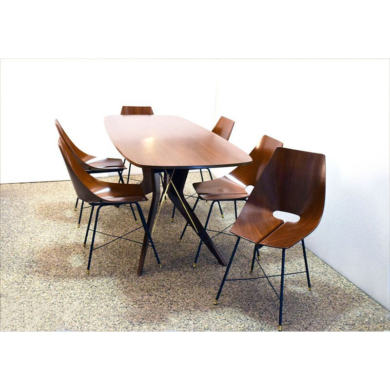 Table de salle à manger vintage en palissandre plaqué avec tirants et en laiton par la Società Italiana Compensati Curvati, 1950
