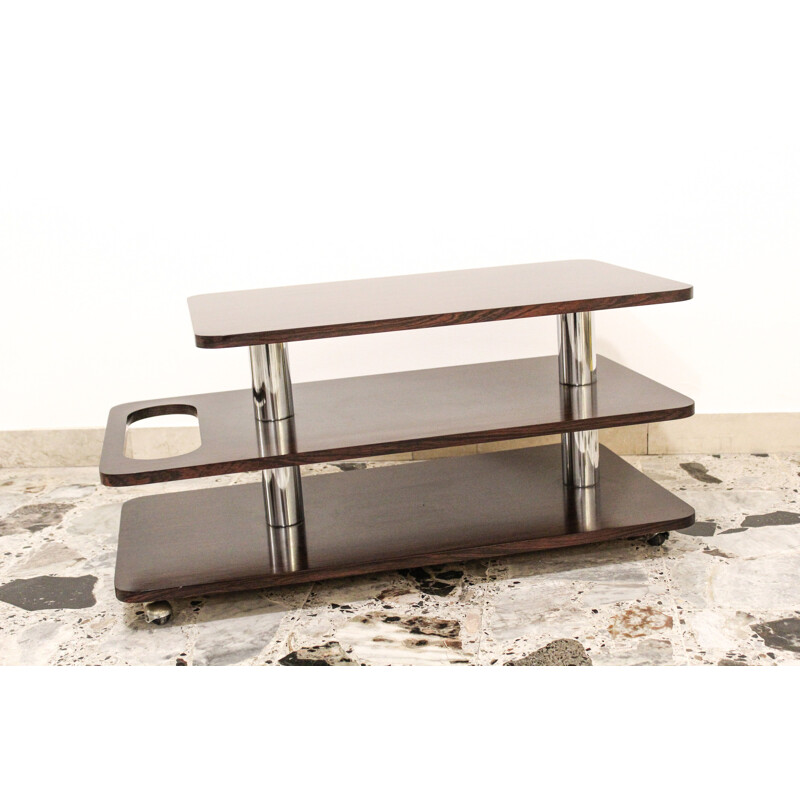 Table basse-bar vintage en stratifié de palissandre et métal chromé, Italie 1970