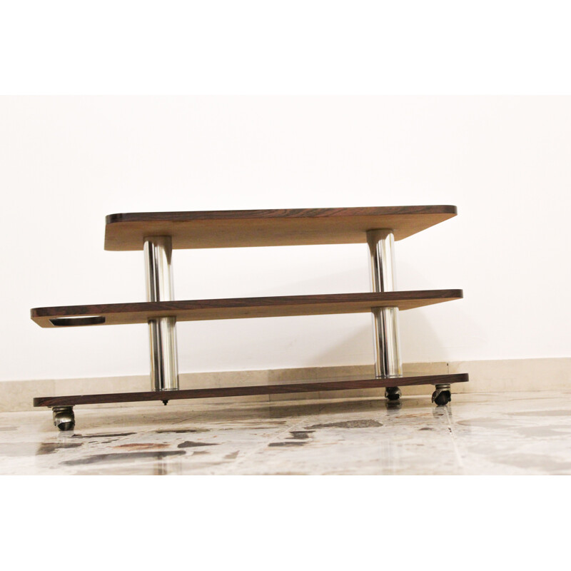 Vintage coffee bar table in rosewood laminate and chromed metal, Italy 1970