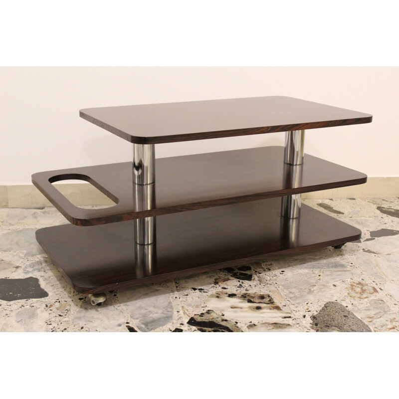 Vintage coffee bar table in rosewood laminate and chromed metal, Italy 1970