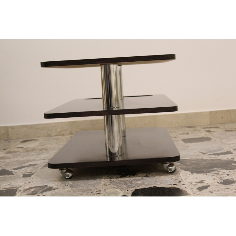 Vintage coffee bar table in rosewood laminate and chromed metal, Italy 1970