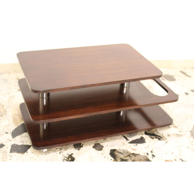 Vintage coffee bar table in rosewood laminate and chromed metal, Italy 1970