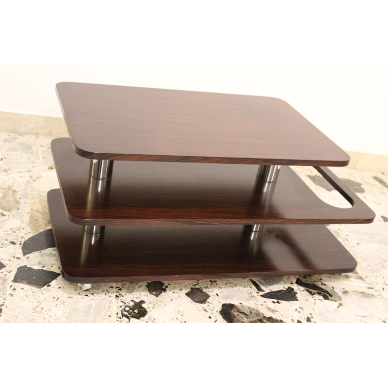 Vintage coffee bar table in rosewood laminate and chromed metal, Italy 1970