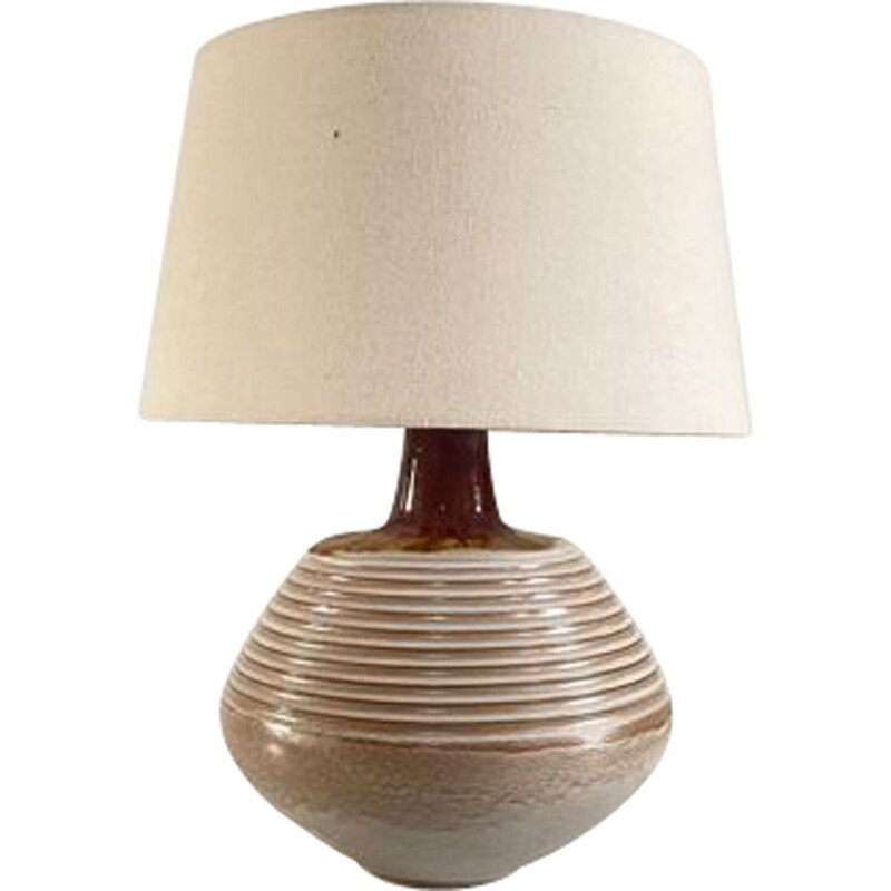 Grande lampe vintage en céramique italienne et abat-jour en tissu