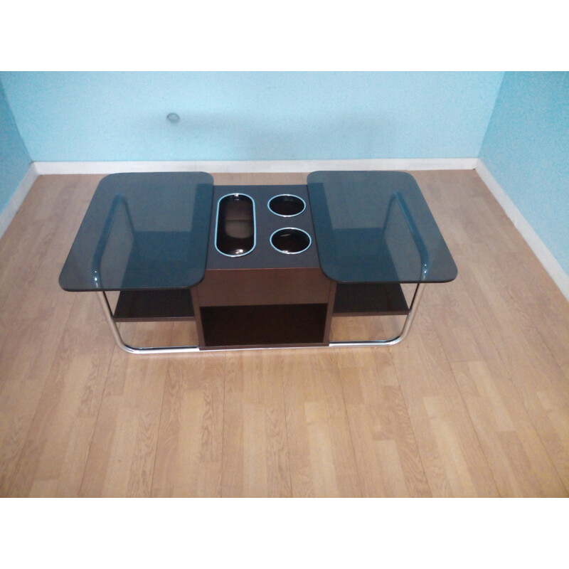 Vintage coffee table in chromed metal and smoked glass, 1970