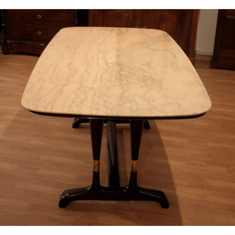 Mesa de madeira dura curvada Vintage acabada com detalhes em latão por Vittorio Dassi, 1950