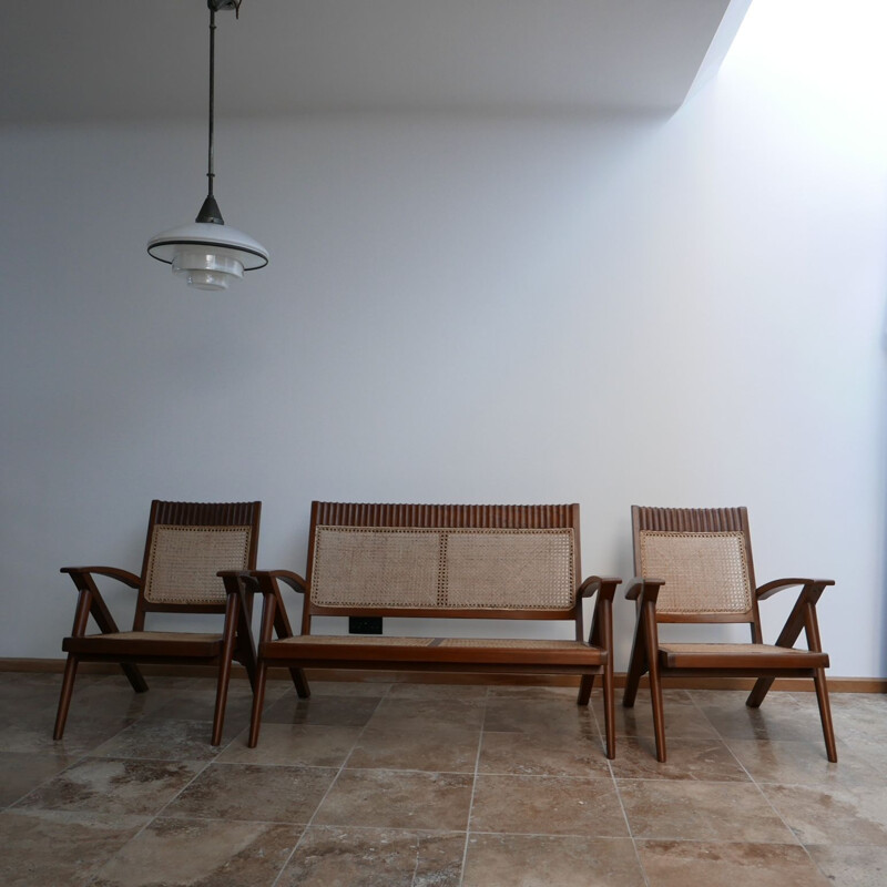 Burmese teak and cane mid-century armchair and sofa set, 1960