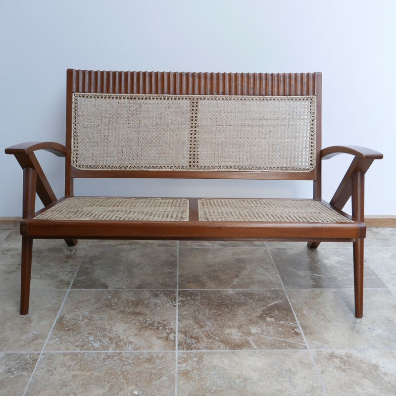 Burmese teak and cane mid-century armchair and sofa set, 1960