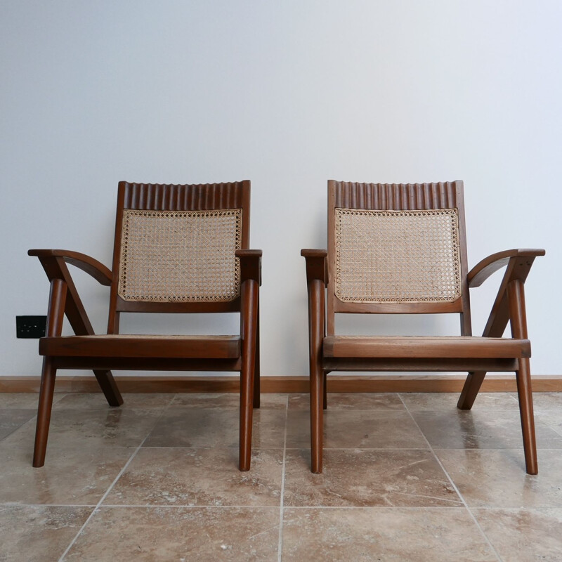 Burmese teak and cane mid-century armchair and sofa set, 1960