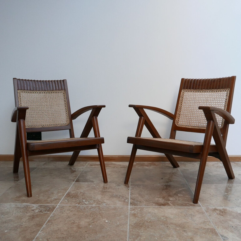 Burmese teak and cane mid-century armchair and sofa set, 1960