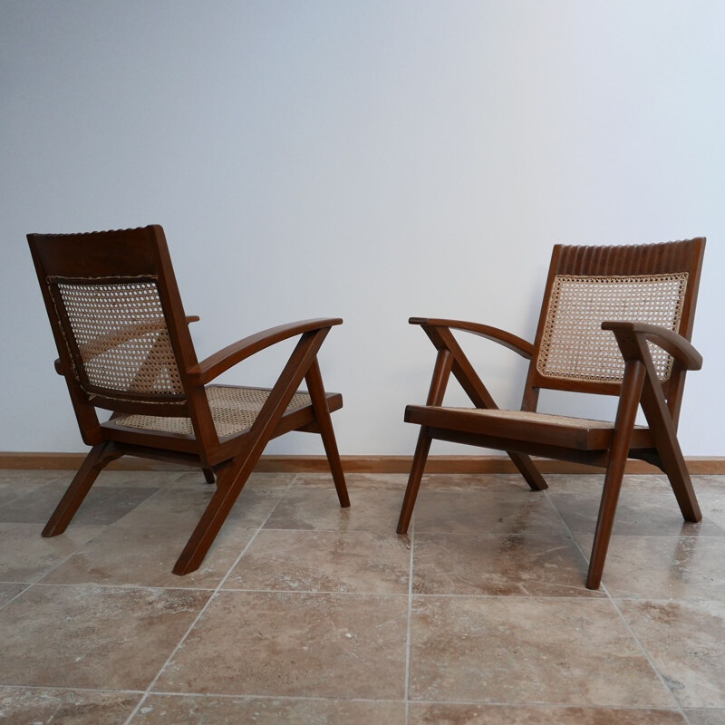 Burmese teak and cane mid-century armchair and sofa set, 1960