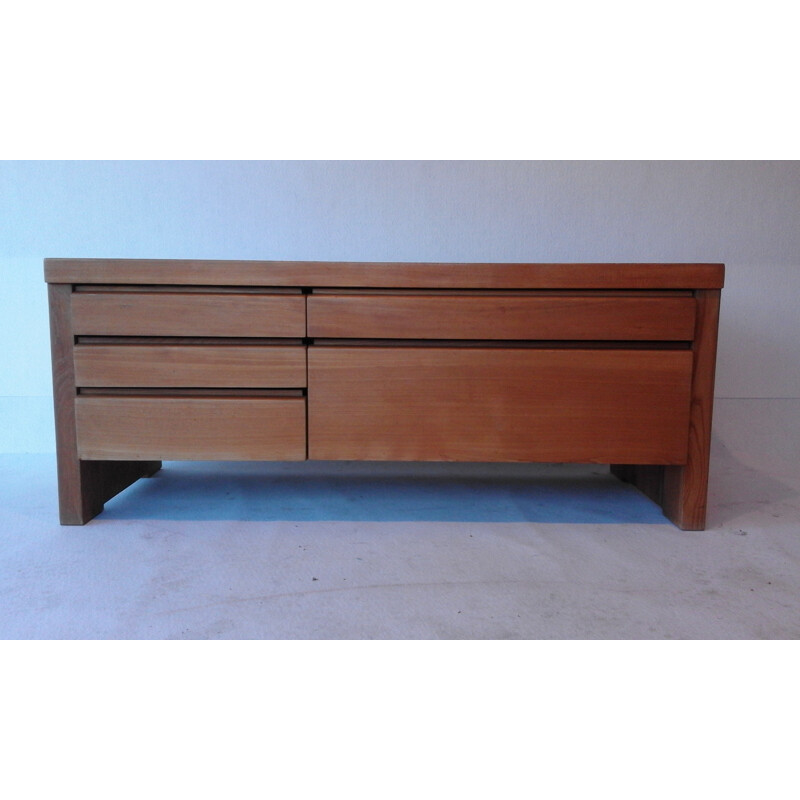 "R14" low chest of drawers in solid elm, Pierre CHAPO - 1960s