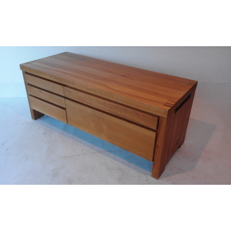 "R14" low chest of drawers in solid elm, Pierre CHAPO - 1960s