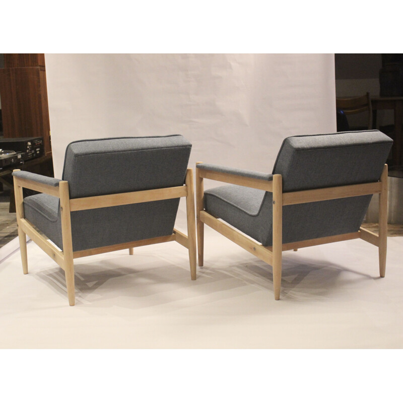 Paire de fauteuils vintage scandinave tissu bleu structure en hêtre