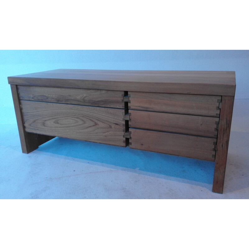 "R14" low chest of drawers in solid elm, Pierre CHAPO - 1960s