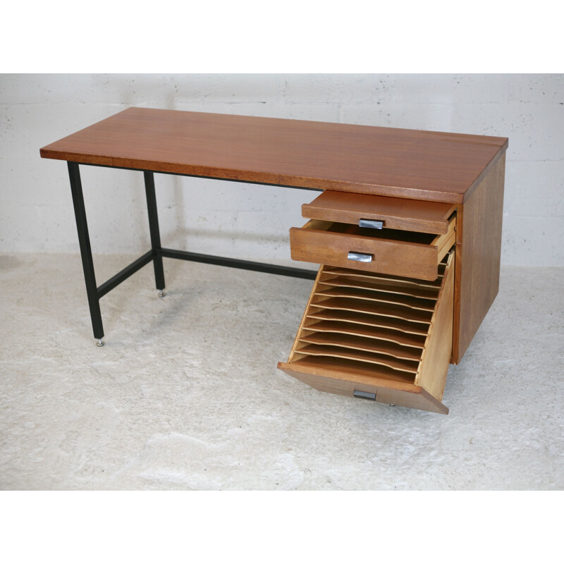 Vintage bureau van hout en staal, Frankrijk 1960