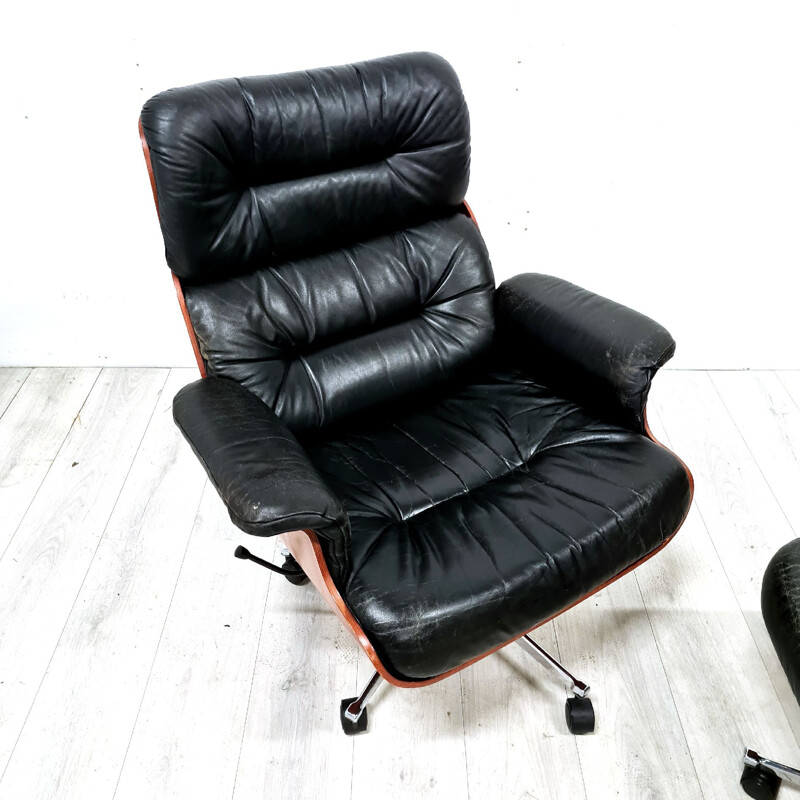 Chaise longue en contreplaqué et cuir vintage par Martin Stool, Allemagne 1950