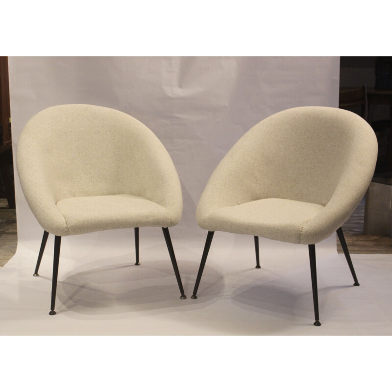 Pair of vintage armchairs "Ewa" in off-white fabric, Poland 1970