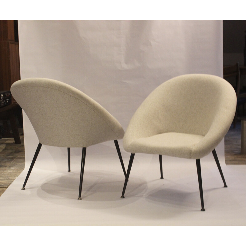 Pair of vintage armchairs "Ewa" in off-white fabric, Poland 1970