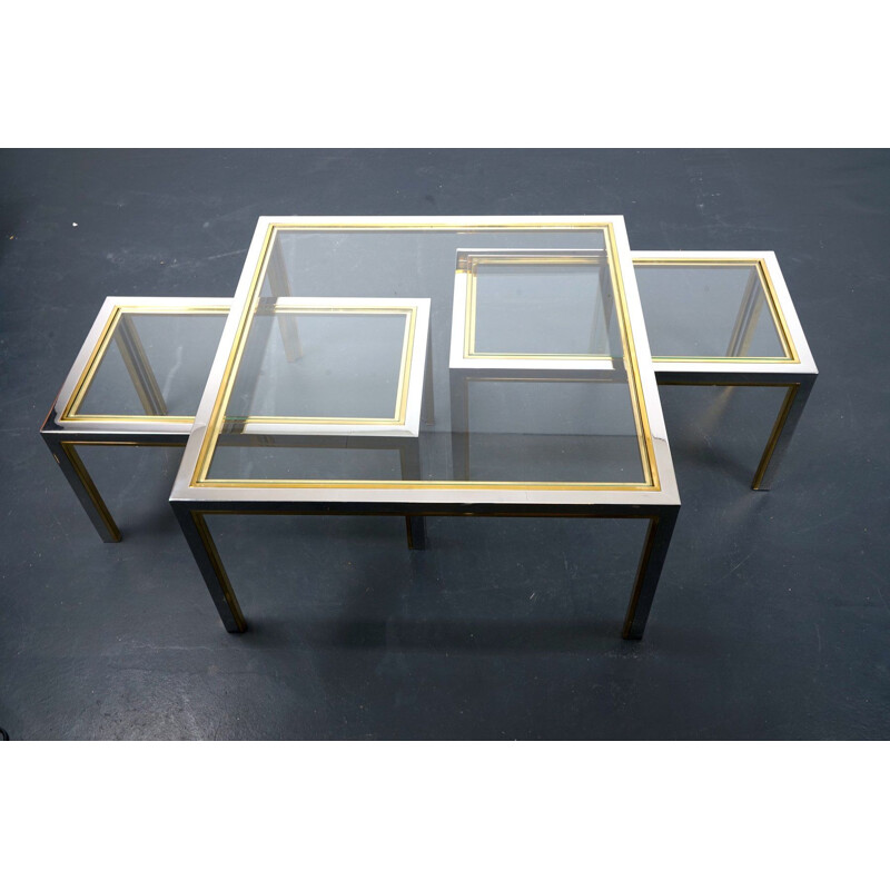 Set of 3 vintage brass and glass coffee tables, France 1970