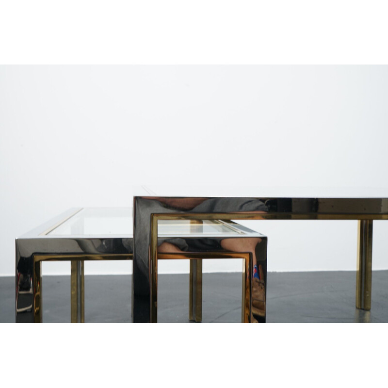 Set of 3 vintage brass and glass coffee tables, France 1970