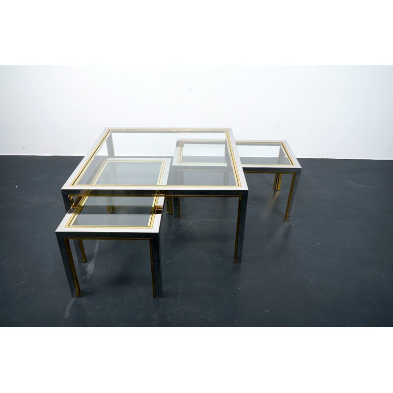 Set of 3 vintage brass and glass coffee tables, France 1970